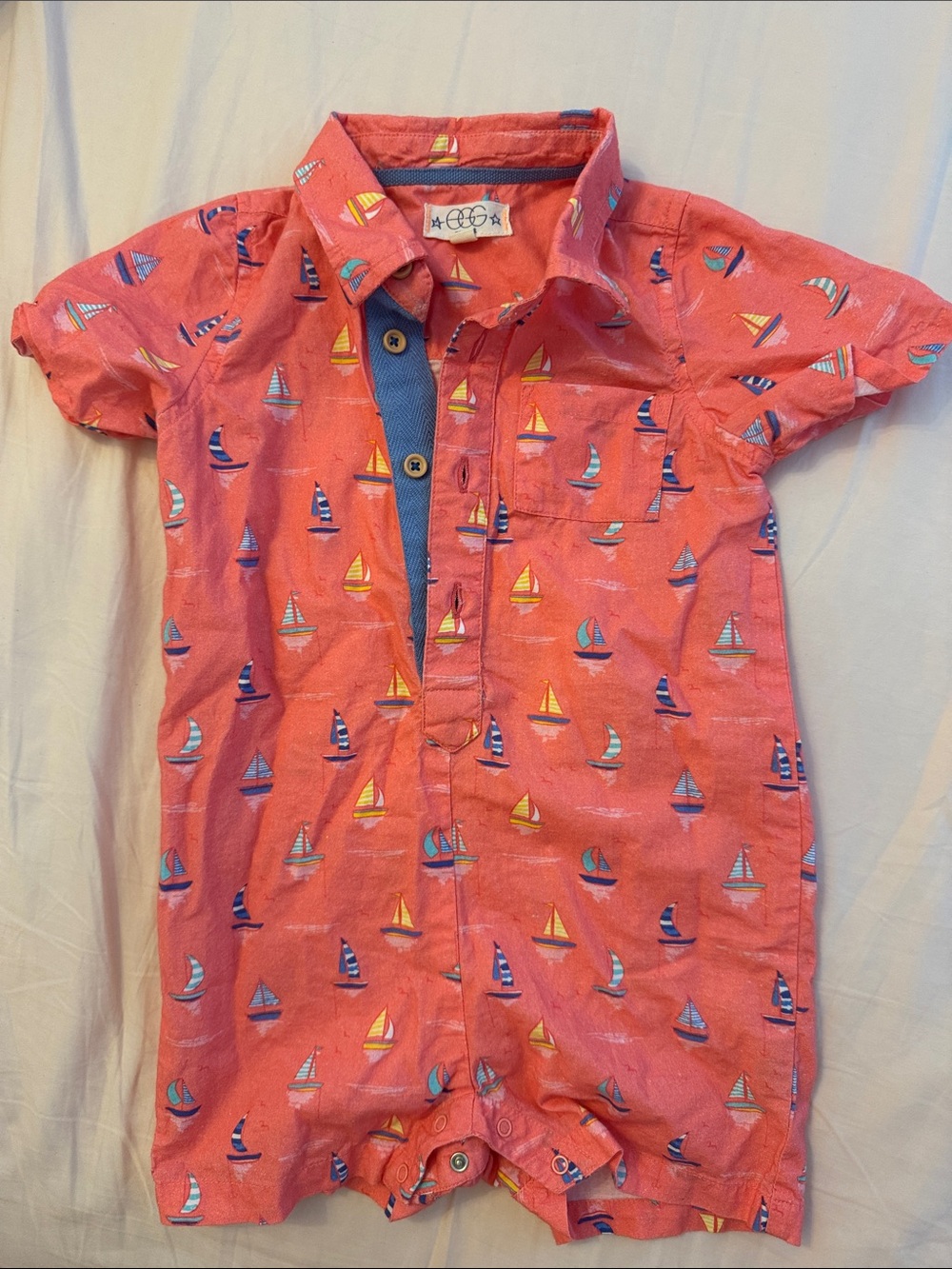 EGG New York Coral Sailboat Print Button-Up Romper - Size 12 months. Worn once